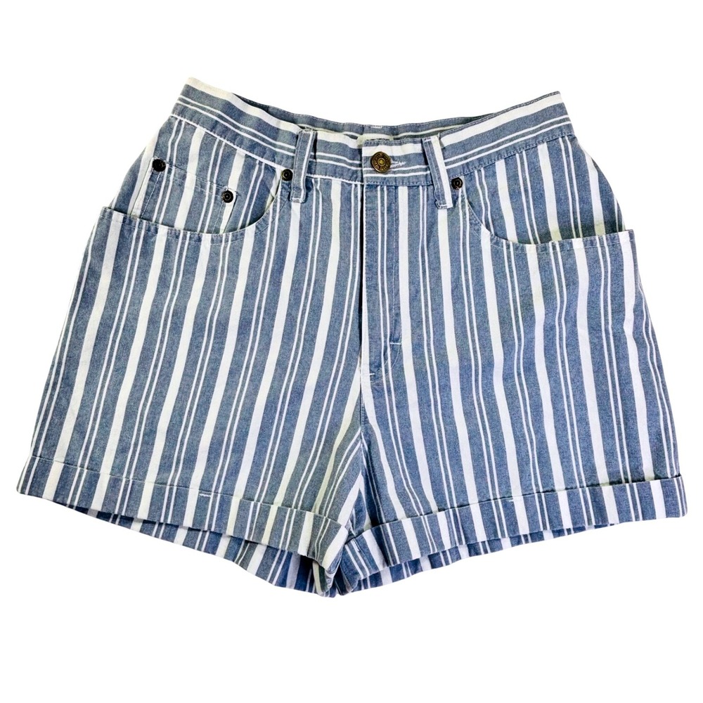 Cherokee Vintage High Waisted Striped Denim Shorts Blue White Made in USA Size 9